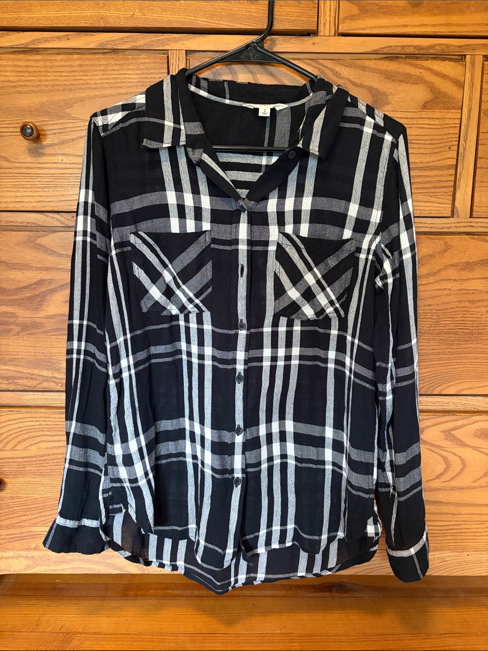 Lucky Brand Black and White Plaid Long Sleeve Button-Up Top